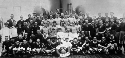 Jules Rimet and officials posing with teams on the Conte Verde on its way to Uruguay.