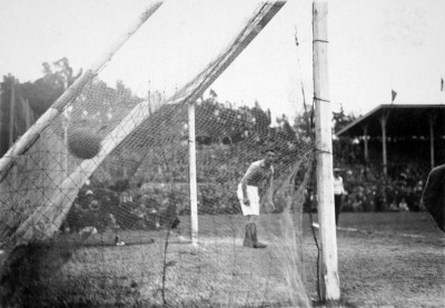 The winning goal scored by Argentina's Luis Monti (not in picture) against France in their FIFA World Cup match at the Parque Central in Montevideo.