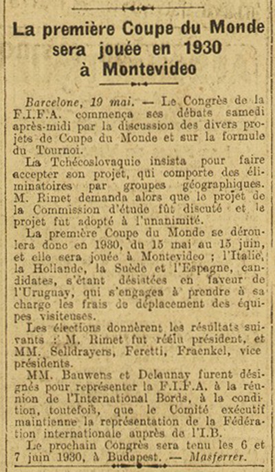 Clipping from French sport daily "L'Auto" from 20 May 1929 announcing the first FIFA World Cup to be played in Montevideo, Uruguay.