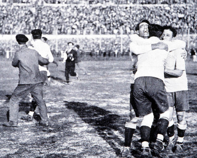 Members of the the Uruguayan team celebrate winning the first ever World Cup Final against rivals Argentina.