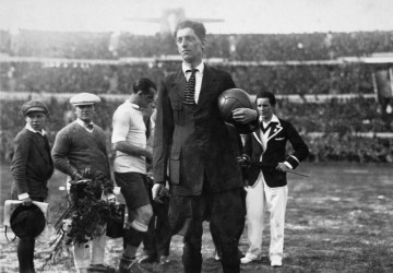 Belgian referee Jean Langenus holding the match ball before the kick-off of the first FIFA World Cup Final.