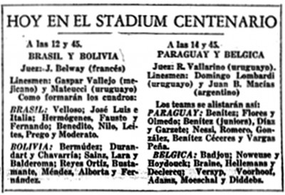 Press clipping about the two matches of the day at the Centenario: Brazil - Bolivia and Paraguay - Belgium