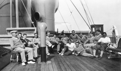 French national soccer team players pose after lunch for a group picture during their cruise aboard the SS Conte Verde on their way to Uruguay.