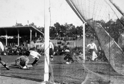 A rare moment of panic in the Yugoslavian defence with Bolivia on the attack.