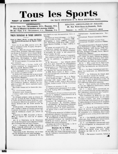 Page of french daily 'Tous les Sports' from 28 May 1904 describing the founding of FIFA and its articles.